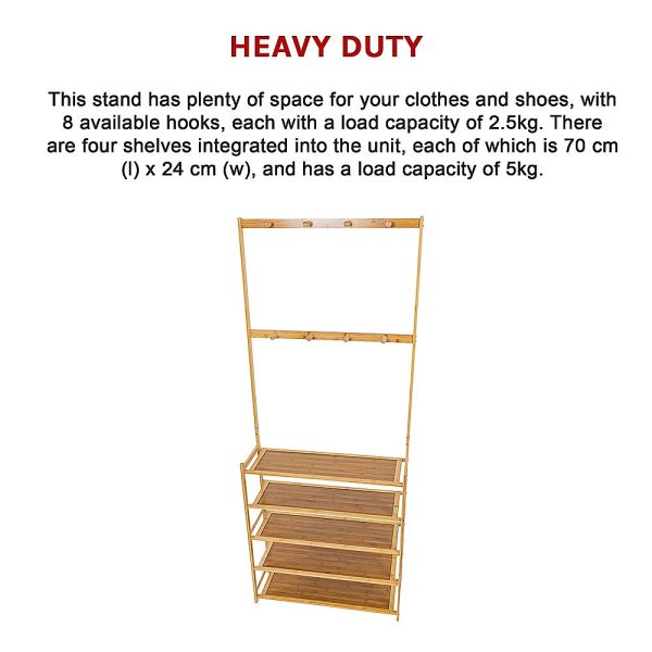 Large Wooden 5 Tiers Hat Coat Stand Clothes Shoe Rack Hanger Hooks Shelf Storage