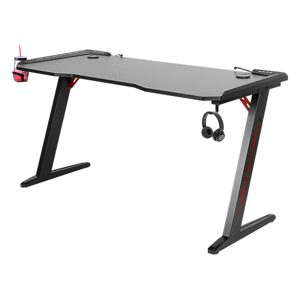 LED Gaming Desk Computer Table with Cup Holder Headphone Hook Cable Hole