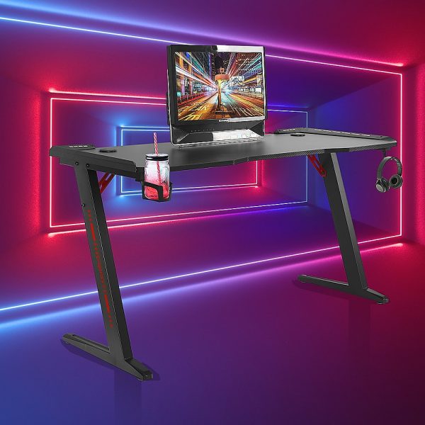 LED Gaming Desk Computer Table with Cup Holder Headphone Hook Cable Hole