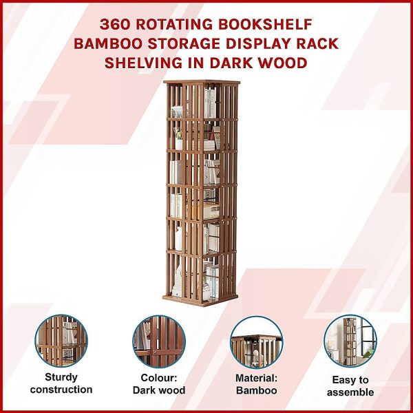 360 Rotating Bookshelf Bamboo Storage Display Rack Shelving in Dark Wood