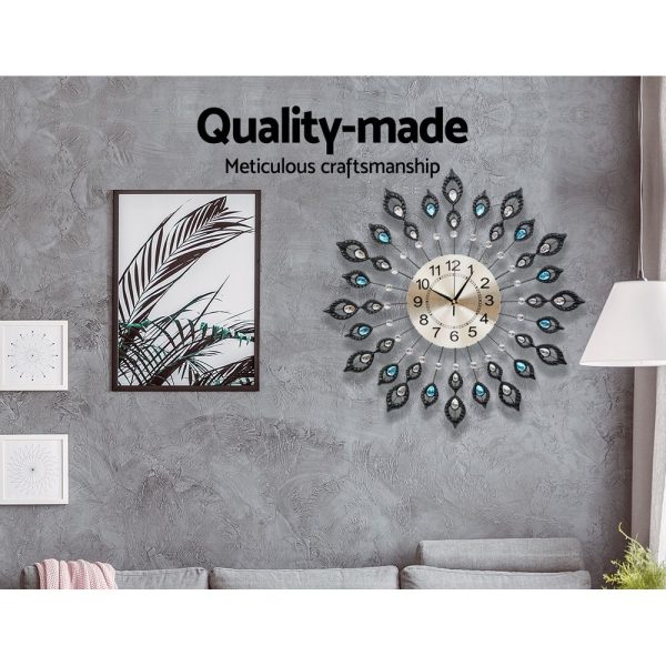 60cm Wall Clock Large 3D Peacock Crystal Silver