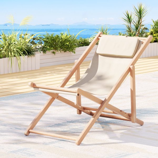 Outdoor Chairs Sun Lounge Deck Beach Chair Folding Wooden Patio Furniture – Beige