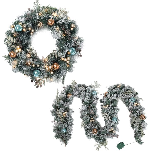 2.7m Christmas Garland with Wreath Set LED Lights Snowy Xmas Decor