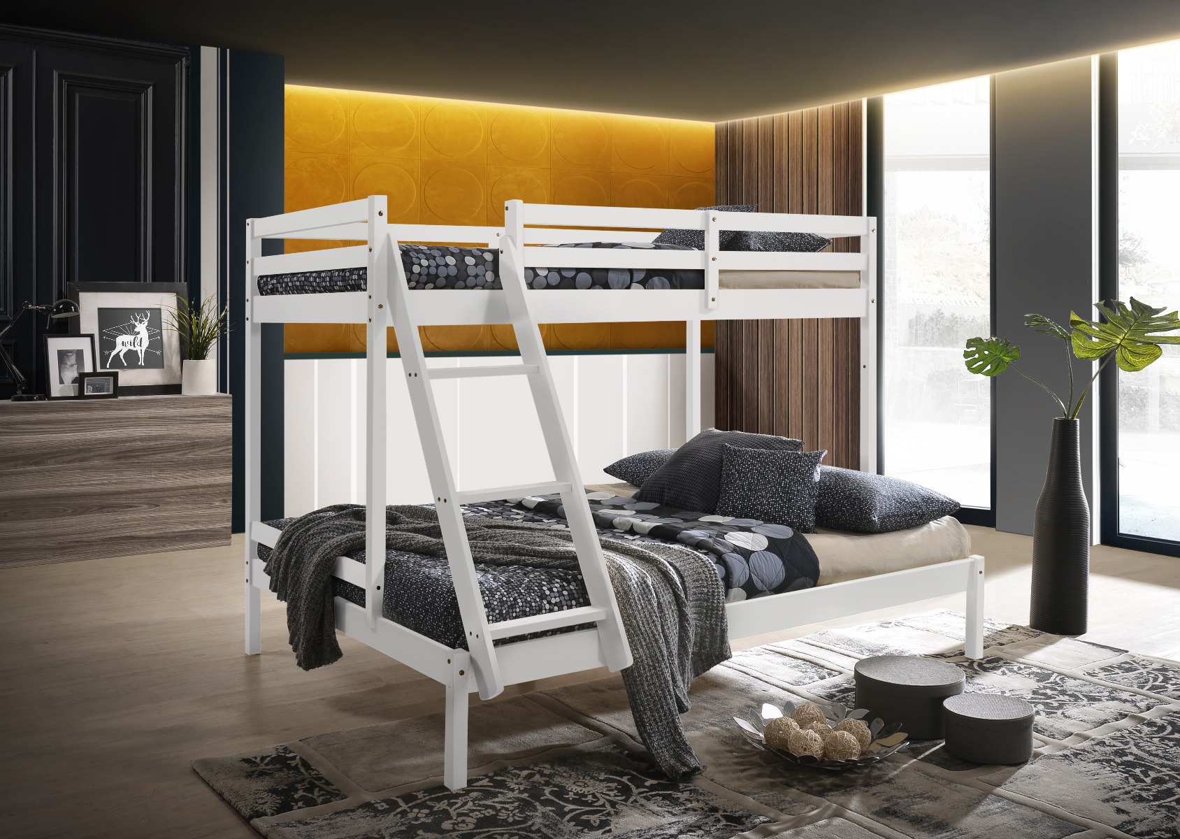 Solid Timber Triple Bunk Bed Single over Double White